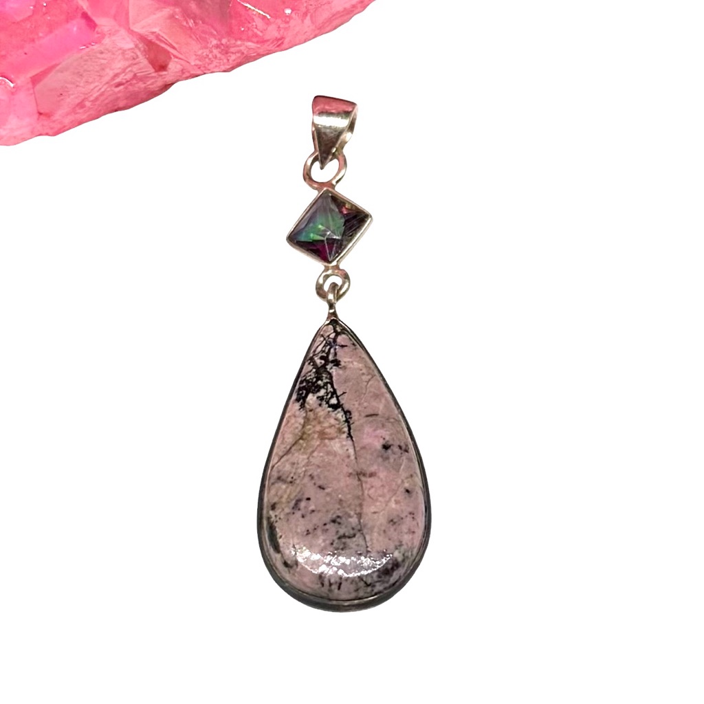 Rhodonite & Mystic Topaz Necklace Pendant Solid 925 Sterling Silver
